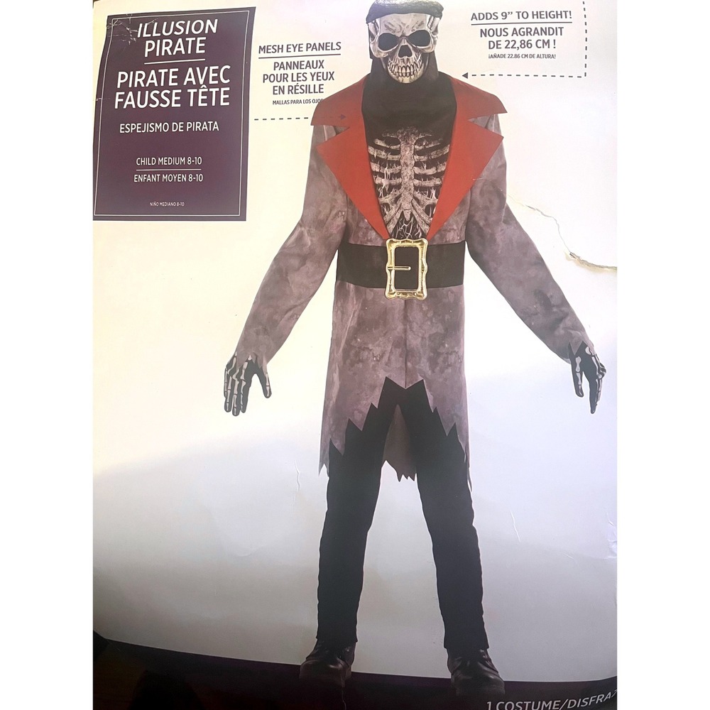 Amscan Illusion Pirate Costume Child Medium 8-10 Skeleton Halloween NWT